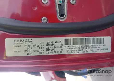 2015 Ram 1500 Laramie z USA, uszkodzony, nr VIN 1C6RR7NT3FS638093